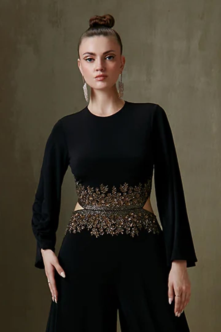 Black Jersey Hand Embellished Wide-Legged Jumpsuit by Namrata Joshipura at Pernia's Pop Up Shop