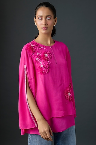 Fuchsia Satin Layered Top by Namrata Joshipura