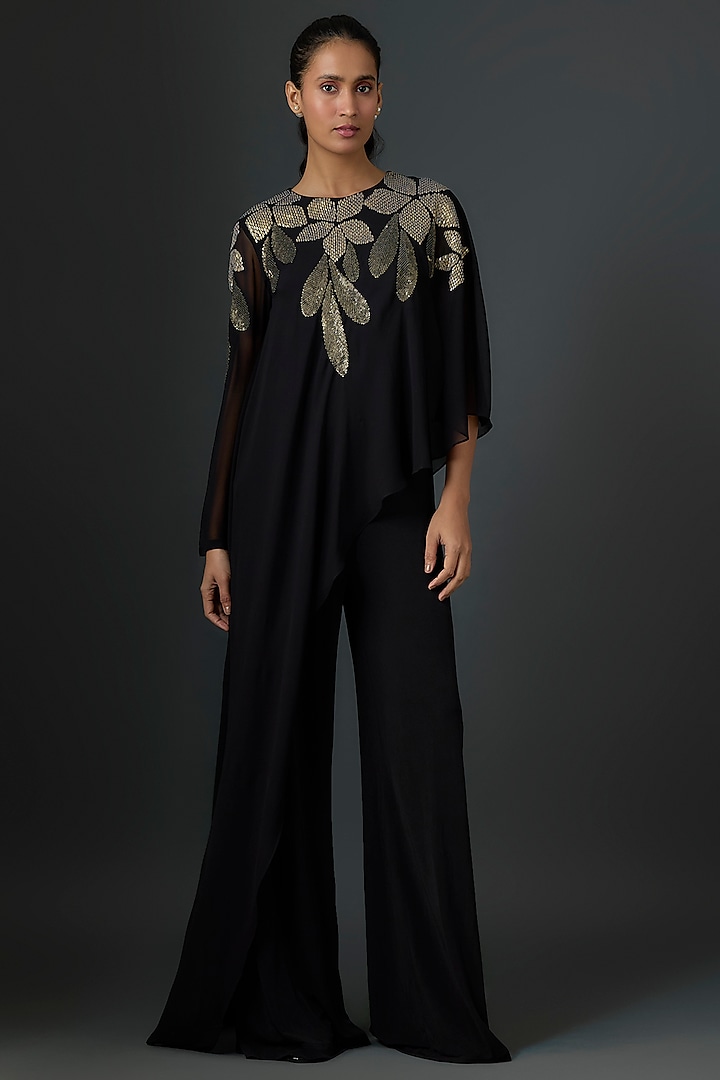 Black & Gold Georgette Jumpsuit by Namrata Joshipura at Pernia's Pop Up Shop