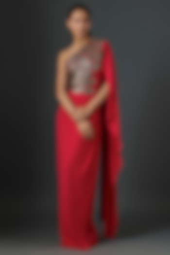 Red Jersey Geometric Hand Embellished One-Shoulder Engagement Gown by Namrata Joshipura at Pernia's Pop Up Shop