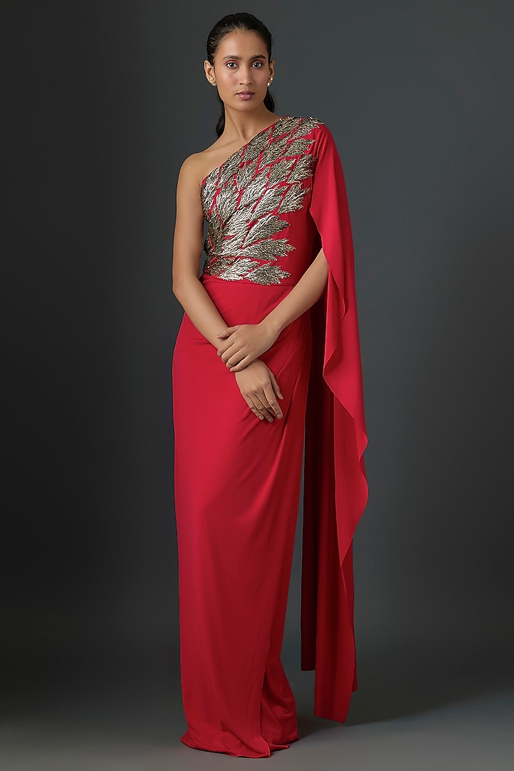 Red Jersey Geometric Hand Embellished One-Shoulder Engagement Gown by Namrata Joshipura at Pernia's Pop Up Shop