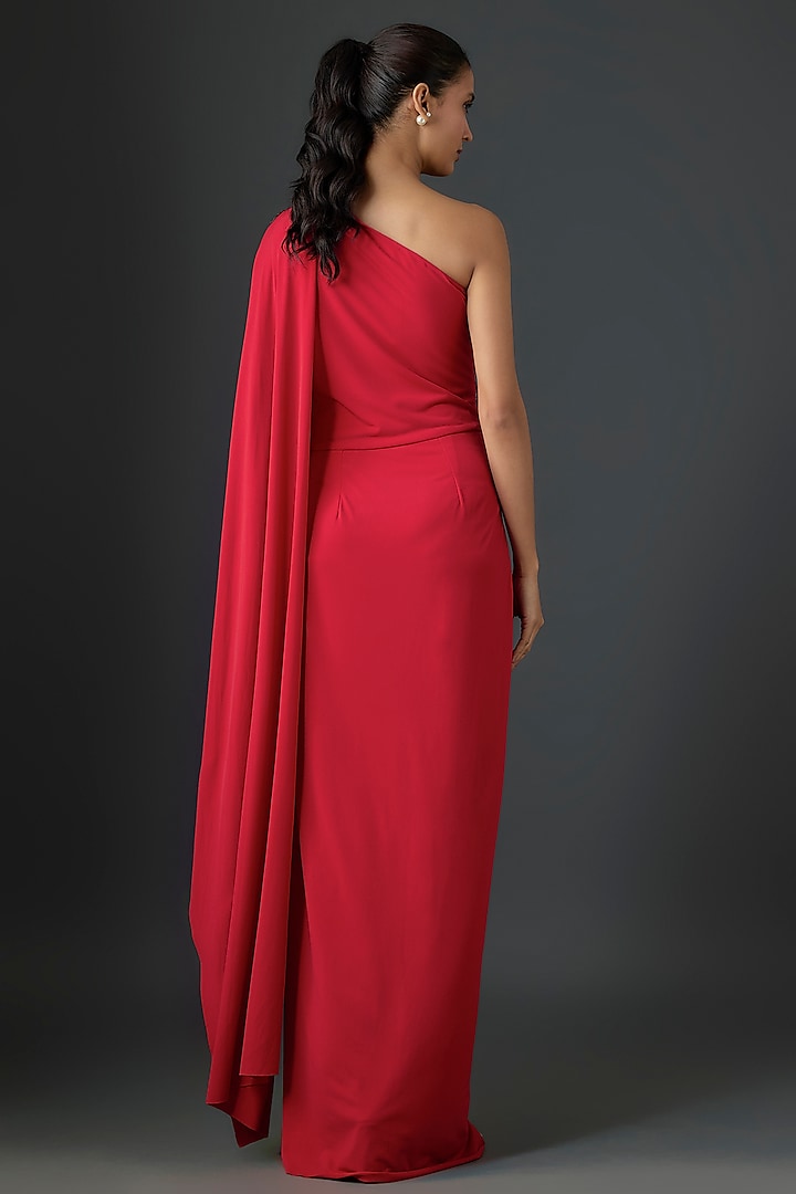 Red Jersey Geometric Hand Embellished One-Shoulder Engagement Gown by Namrata Joshipura at Pernia's Pop Up Shop