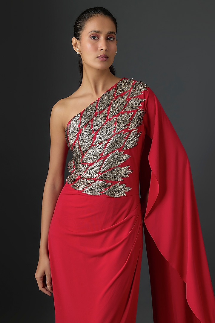 Red Jersey Geometric Hand Embellished One-Shoulder Engagement Gown by Namrata Joshipura at Pernia's Pop Up Shop