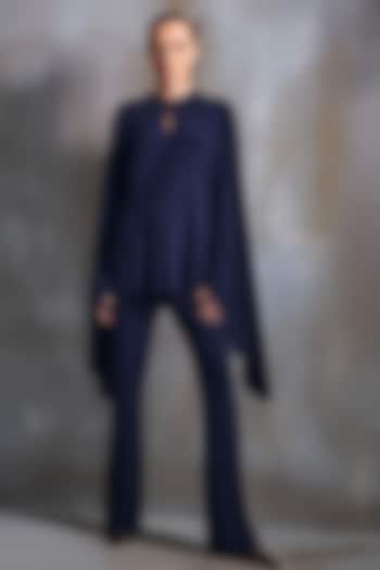 Navy Jersey Geometric Hand Embellished Cape Set by Namrata Joshipura at Pernia's Pop Up Shop