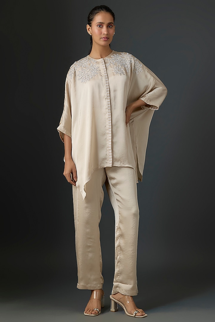 Beige Satin Co-Ord Set by Namrata Joshipura at Pernia's Pop Up Shop