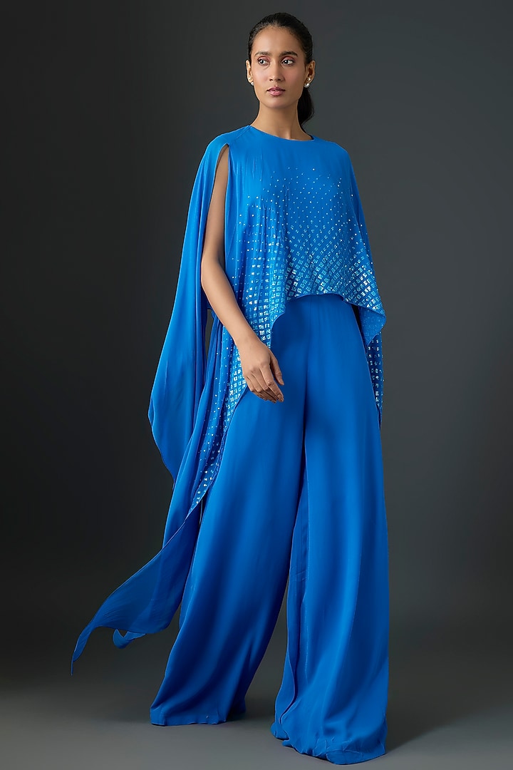 Blue Georgette Jumpsuit by Namrata Joshipura at Pernia's Pop Up Shop