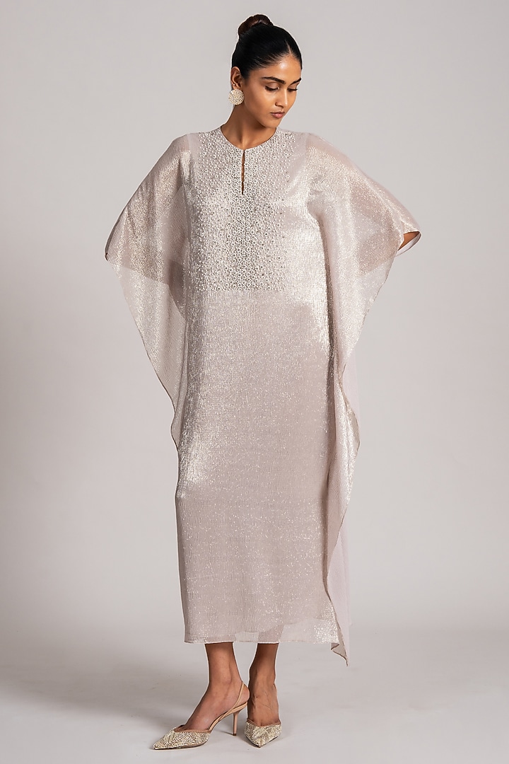 Ivory & Gold Shimmer Chiffon Kaftan by Namrata Joshipura at Pernia's Pop Up Shop