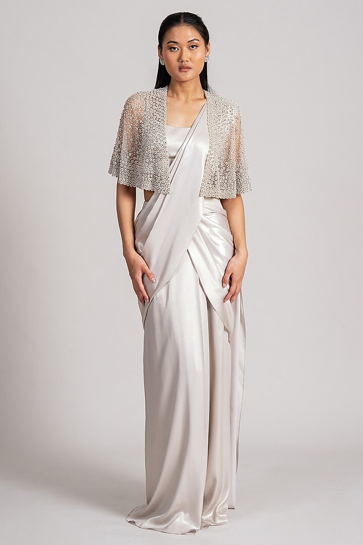 Ivory Shimmer Crepe Draped Reception Saree Set by Namrata Joshipura at Pernia's Pop Up Shop