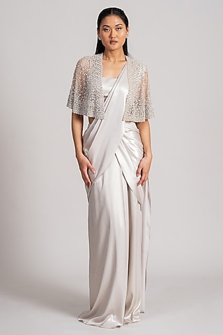 Ivory Shimmer Crepe Draped Saree Set by Namrata Joshipura