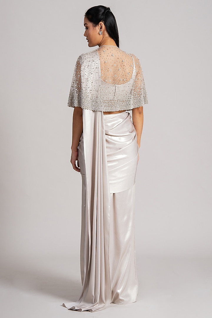 Ivory Shimmer Crepe Draped Reception Saree Set by Namrata Joshipura at Pernia's Pop Up Shop