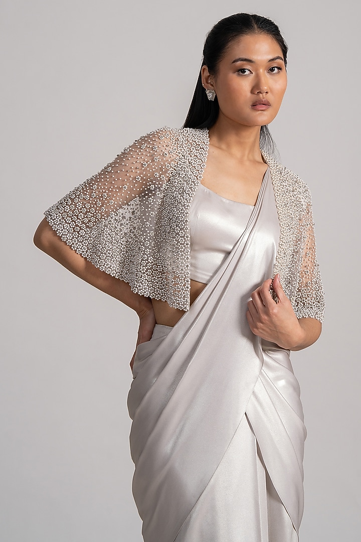 Ivory Shimmer Crepe Draped Reception Saree Set by Namrata Joshipura at Pernia's Pop Up Shop