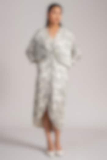 Ivory Cupro Satin Printed Midi Cocktail Dress by Namrata Joshipura at Pernia's Pop Up Shop