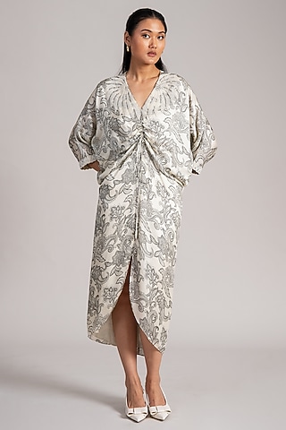 Ivory Cupro Satin Printed Midi Dress by Namrata Joshipura