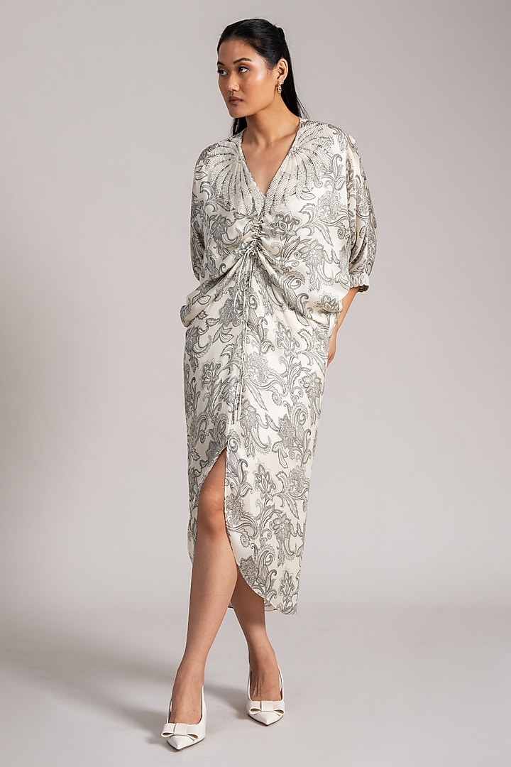 Ivory Cupro Satin Printed Midi Cocktail Dress by Namrata Joshipura at Pernia's Pop Up Shop