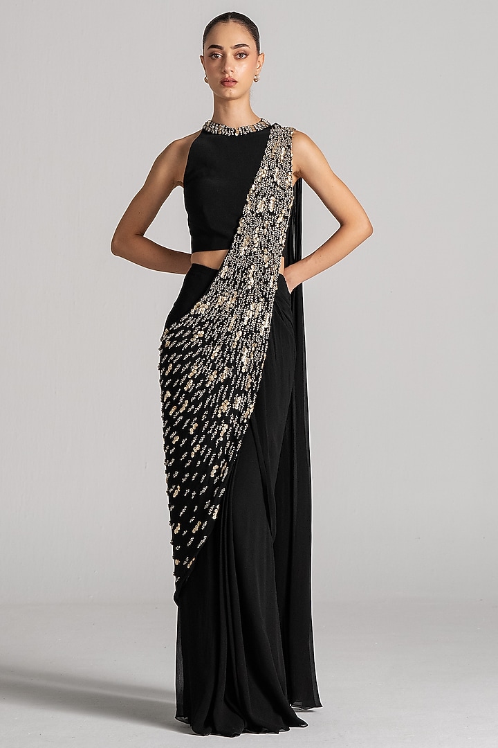 Black Jersey Draped Wedding Saree Set by Namrata Joshipura at Pernia's Pop Up Shop