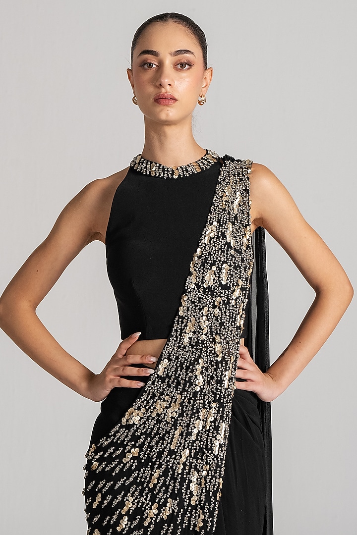 Black Jersey Draped Wedding Saree Set by Namrata Joshipura at Pernia's Pop Up Shop