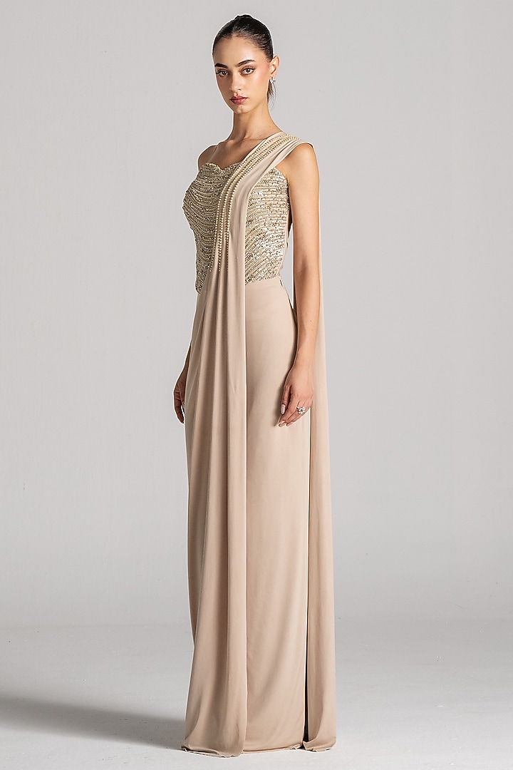 Gold Jersey Draped Reception Saree Set by Namrata Joshipura at Pernia's Pop Up Shop