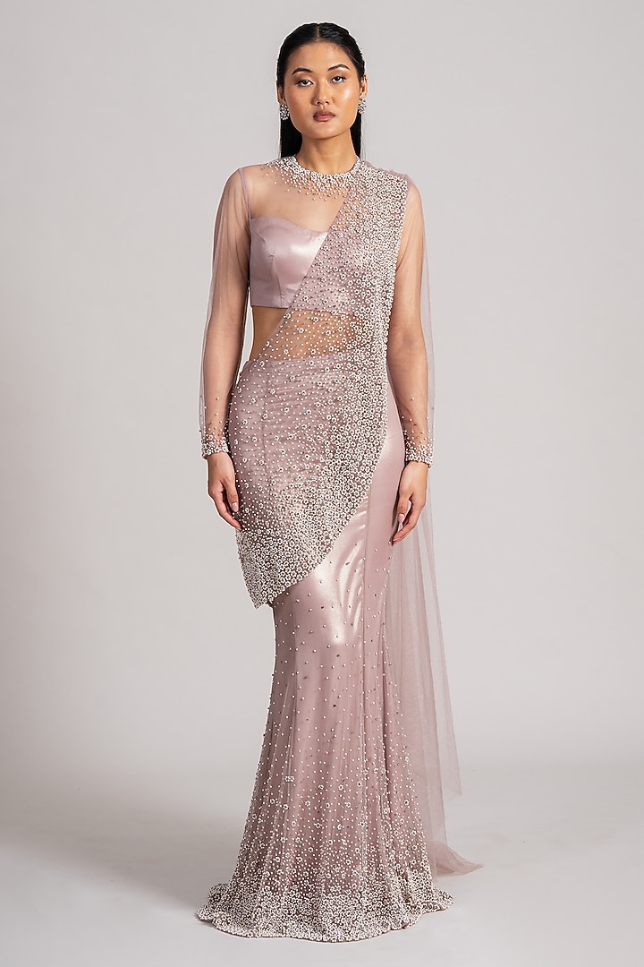 Mauve Shimmer Net Embellished Mermaid Draped Reception Saree Set by Namrata Joshipura at Pernia's Pop Up Shop