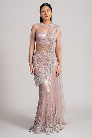 Mauve Shimmer Net Embellished Mermaid Draped Saree Set by Namrata Joshipura