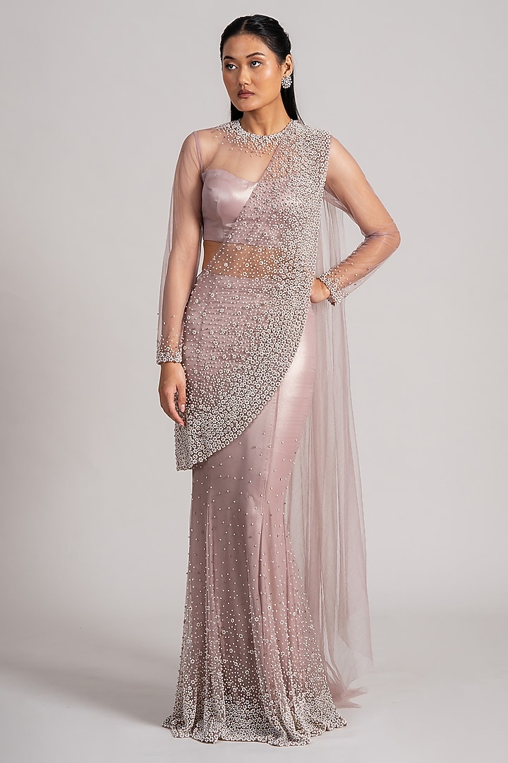 Mauve Shimmer Net Embellished Mermaid Draped Reception Saree Set by Namrata Joshipura at Pernia's Pop Up Shop