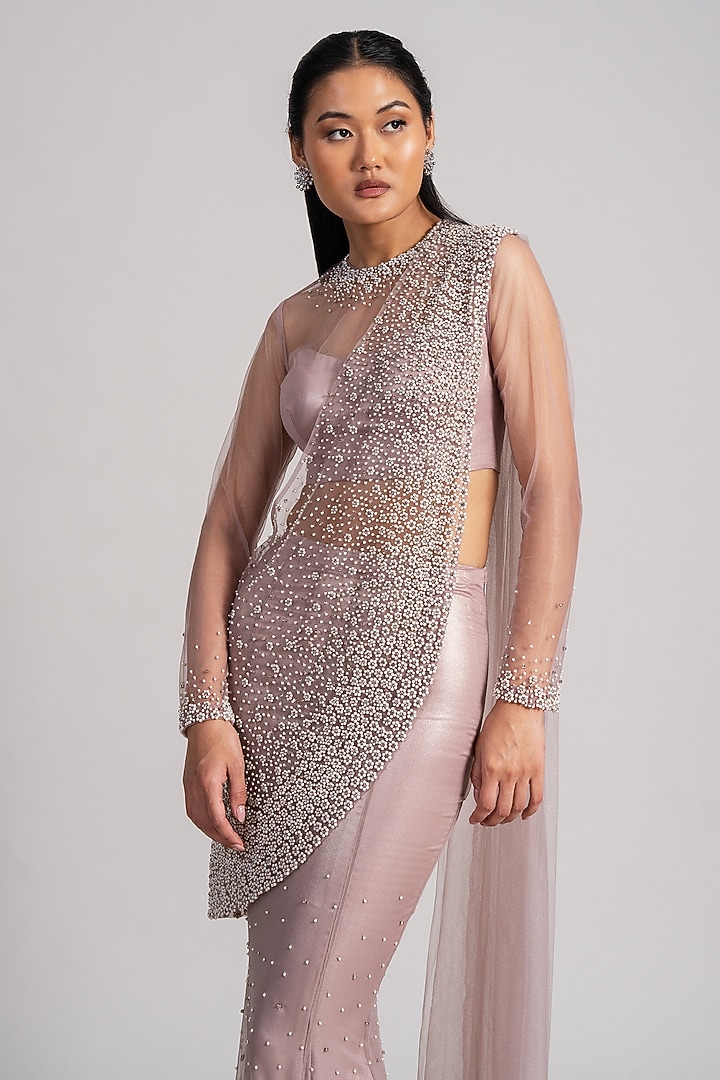 Mauve Shimmer Net Embellished Mermaid Draped Reception Saree Set by Namrata Joshipura at Pernia's Pop Up Shop