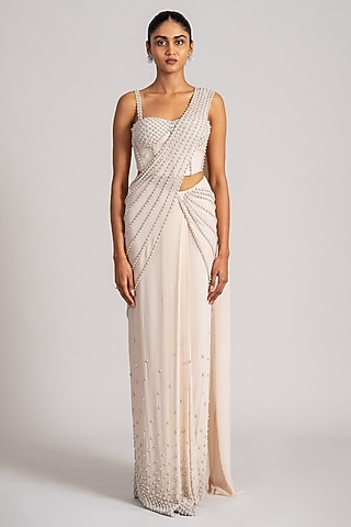 Ecru Georgette Cascade Draped Saree Set by Namrata Joshipura