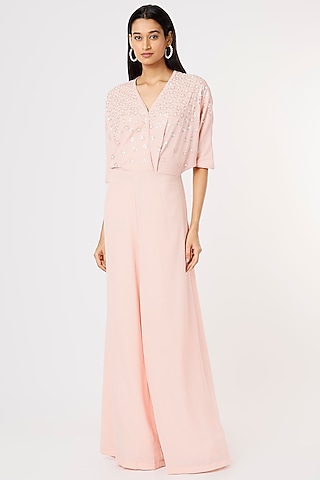 Blush Pink Hand Embroidered Overlapped Jumpsuit by Namrata Joshipura