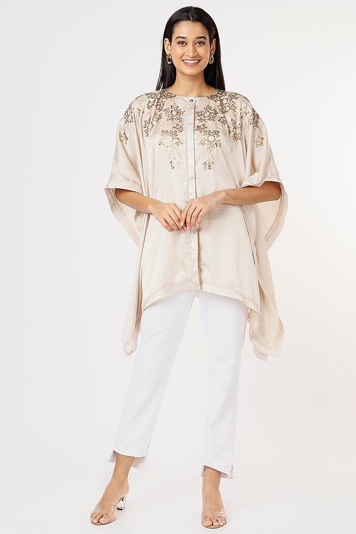 Beige Hand Embroidered Kaftan Top by Namrata Joshipura at Pernia's Pop Up Shop