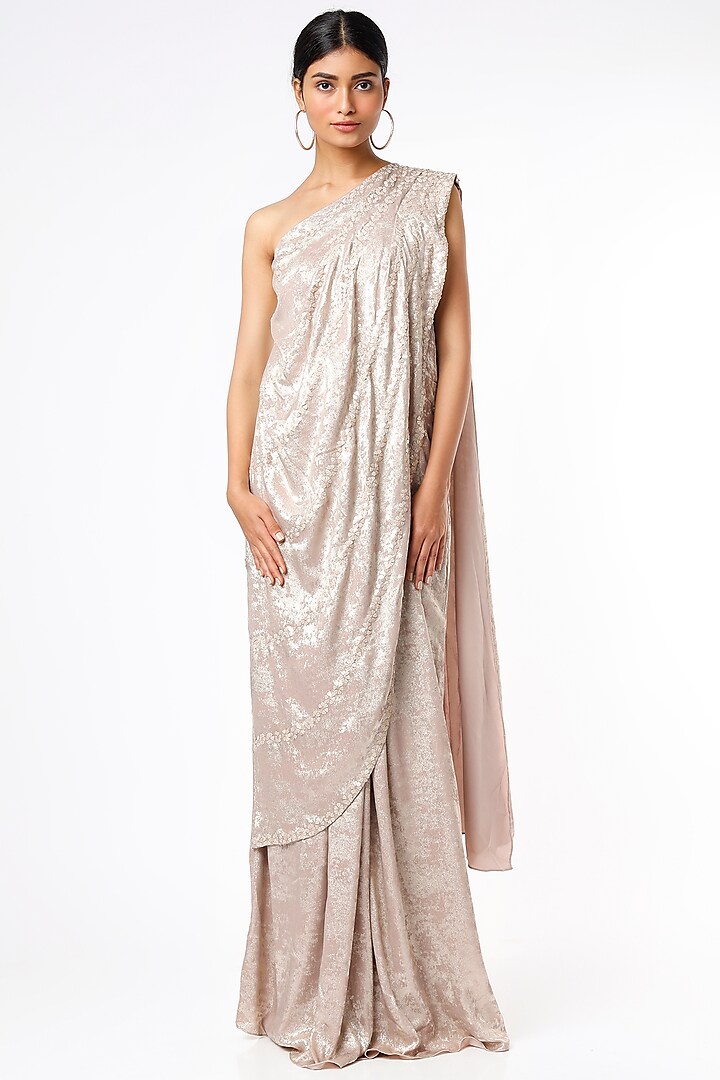Rose Gold Embellished Draped Gown Saree by Namrata Joshipura