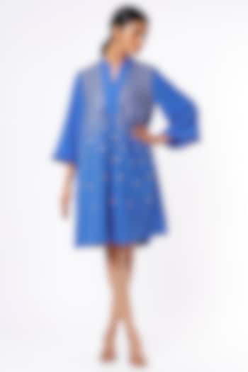 Cobalt Blue Textured Crepe Mini Dress by Namrata Joshipura