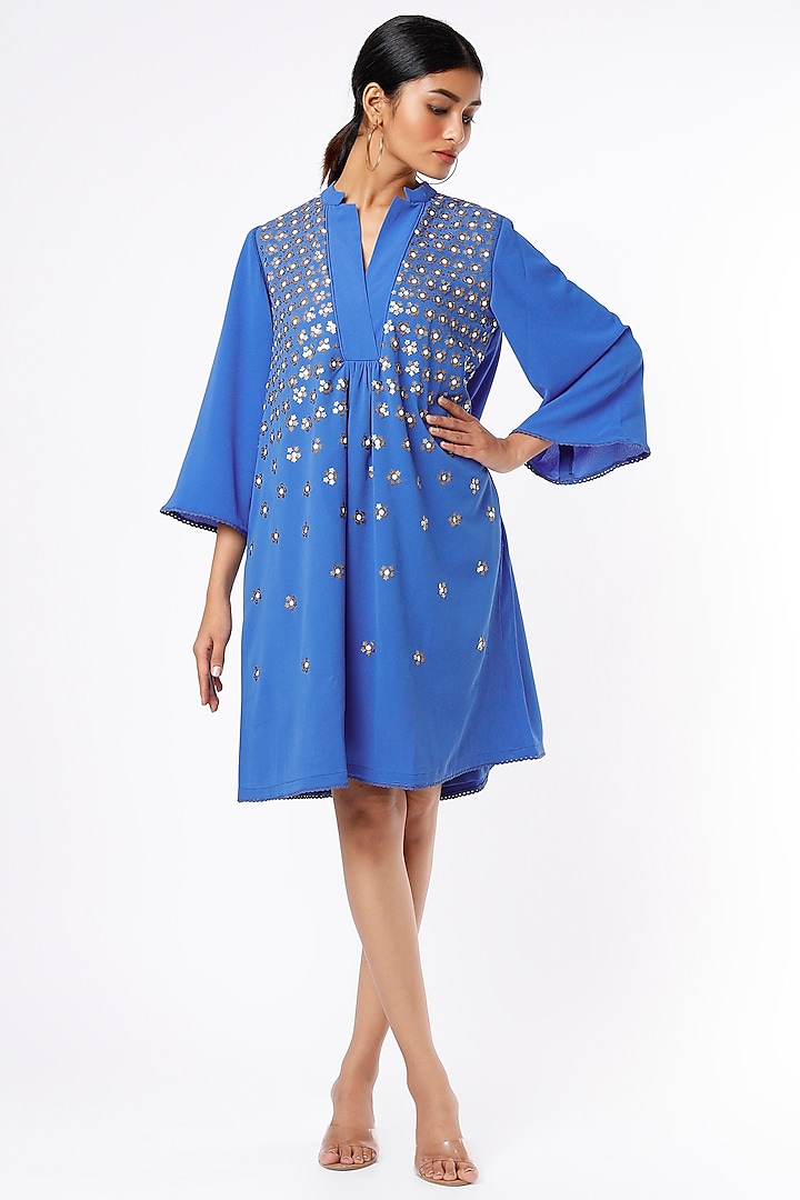 Cobalt Blue Textured Crepe Mini Dress by Namrata Joshipura