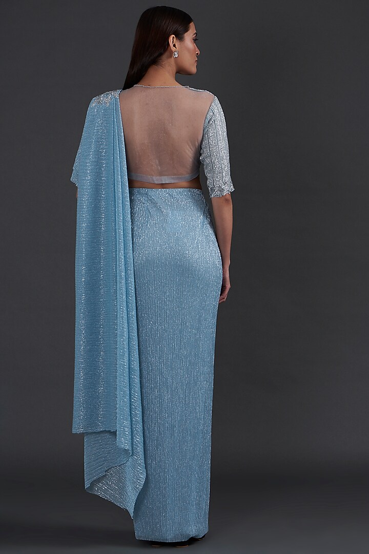 Blue Shimmer Crepe Embellished Draped Wedding Saree Set by Namrata Joshipura at Pernia's Pop Up Shop