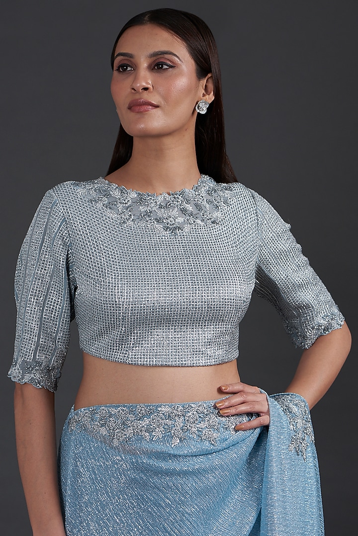 Blue Shimmer Crepe Embellished Draped Wedding Saree Set by Namrata Joshipura at Pernia's Pop Up Shop
