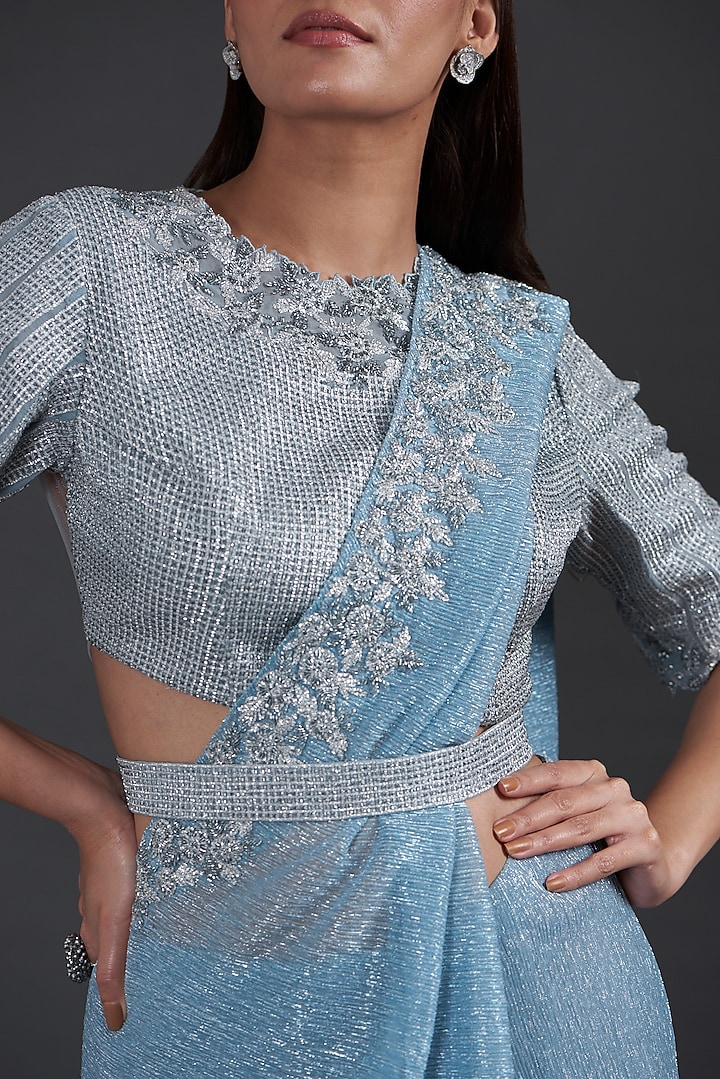Blue Shimmer Crepe Embellished Draped Wedding Saree Set by Namrata Joshipura at Pernia's Pop Up Shop