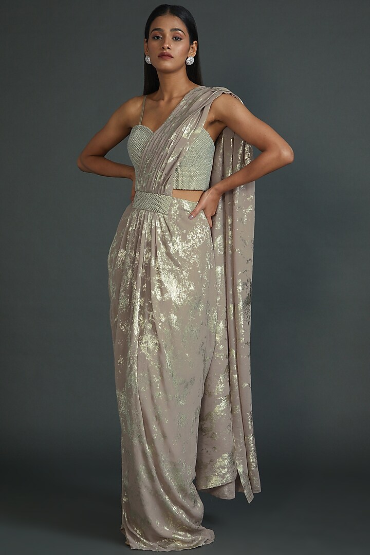 Beige Metallic Shimmer Foil Crepe Draped Saree Set by Namrata Joshipura at Pernia's Pop Up Shop