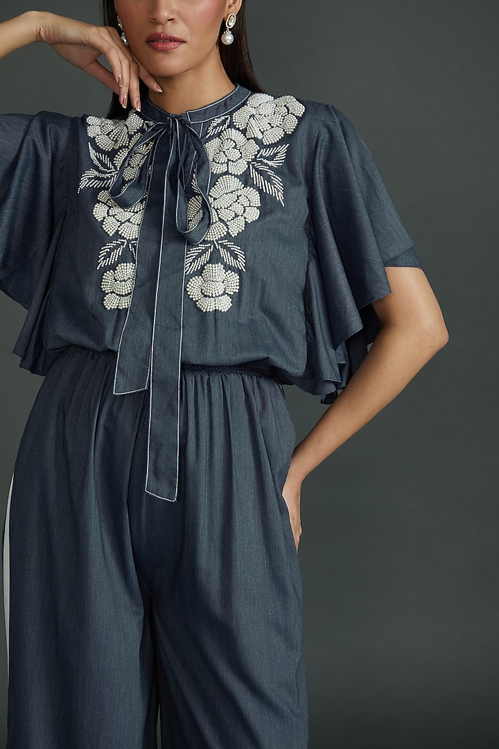 Blue Denim Embroidered Jumpsuit by Namrata Joshipura at Pernia's Pop Up Shop