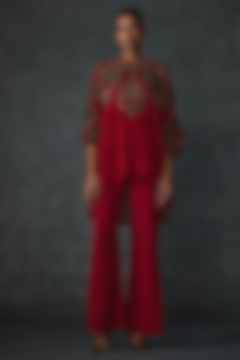 Cherry Red Georgette Print & Hand Embellished Tunic by Namrata Joshipura at Pernia's Pop Up Shop
