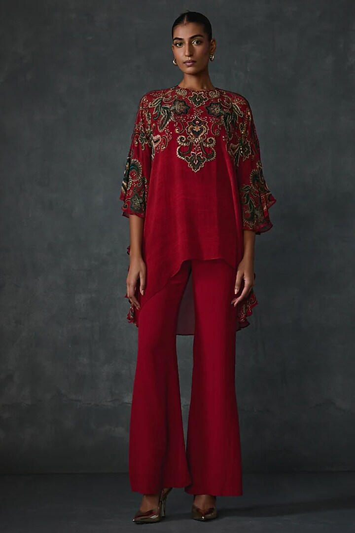 Cherry Red Georgette Print & Hand Embellished Tunic by Namrata Joshipura at Pernia's Pop Up Shop