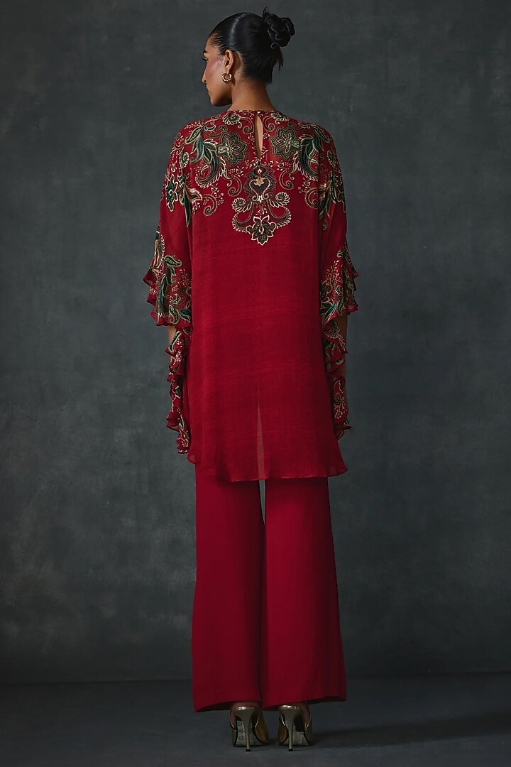 Cherry Red Georgette Print & Hand Embellished Tunic by Namrata Joshipura at Pernia's Pop Up Shop