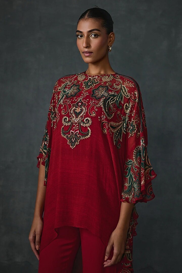 Cherry Red Georgette Print & Hand Embellished Tunic by Namrata Joshipura at Pernia's Pop Up Shop
