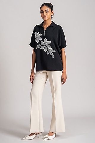 Black Twill Georgette Top by Namrata Joshipura