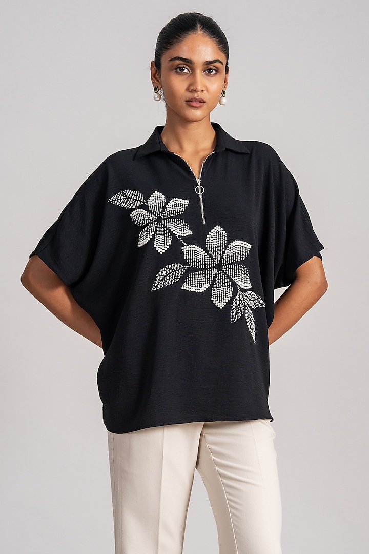 Black Twill Georgette Top by Namrata Joshipura at Pernia's Pop Up Shop