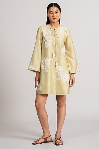 Mint Green Chanderi Silk Mini Dress by Namrata Joshipura