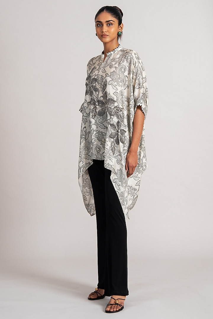 Ivory Cupro Satin Printed Tunic With Slip by Namrata Joshipura at Pernia's Pop Up Shop