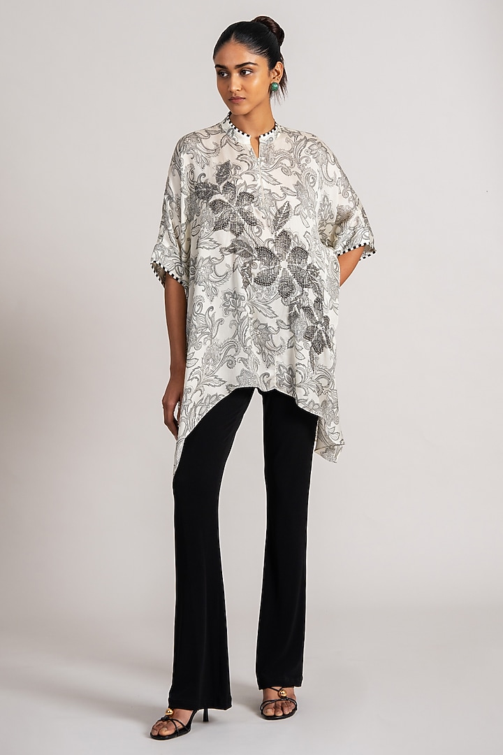 Ivory Cupro Satin Printed Tunic With Slip by Namrata Joshipura at Pernia's Pop Up Shop
