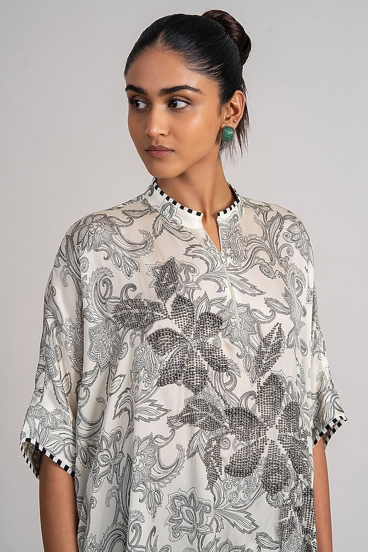 Ivory Cupro Satin Printed Tunic With Slip by Namrata Joshipura at Pernia's Pop Up Shop