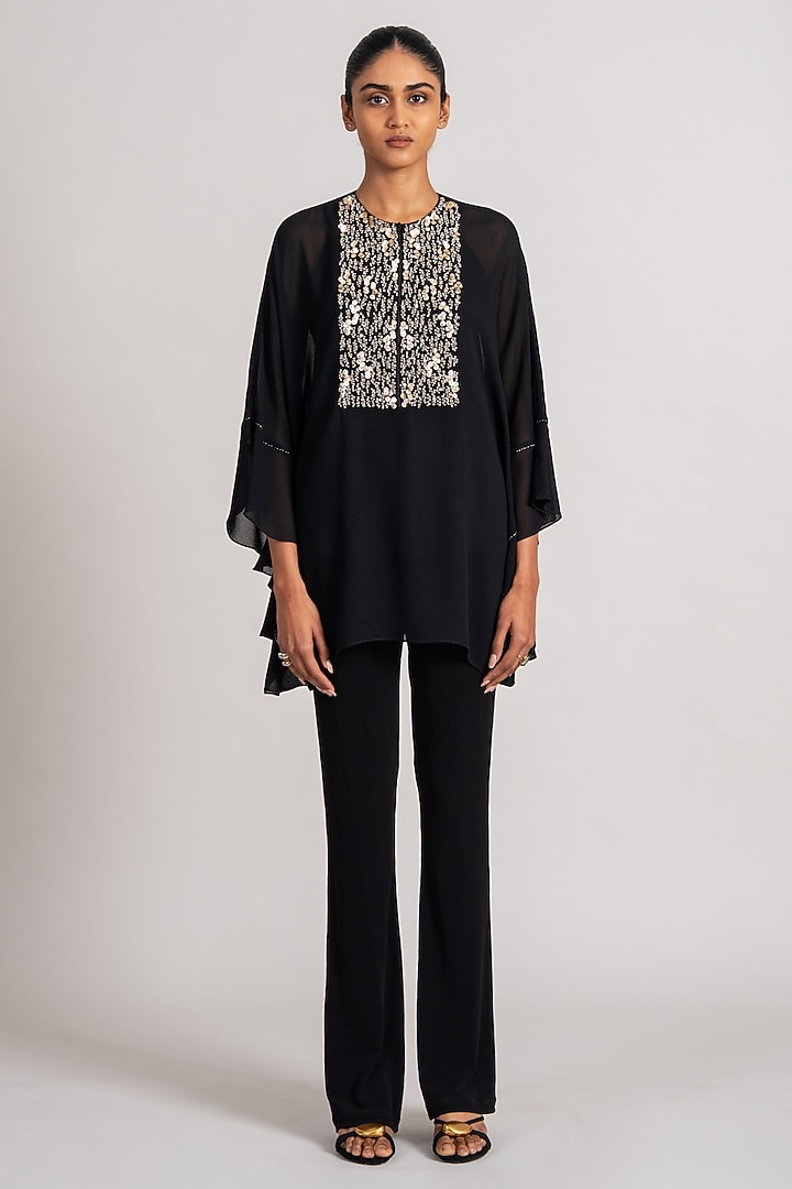 Black Georgette Frilled Tunic by Namrata Joshipura at Pernia's Pop Up Shop