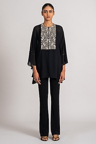 Black Georgette Frilled Tunic by Namrata Joshipura