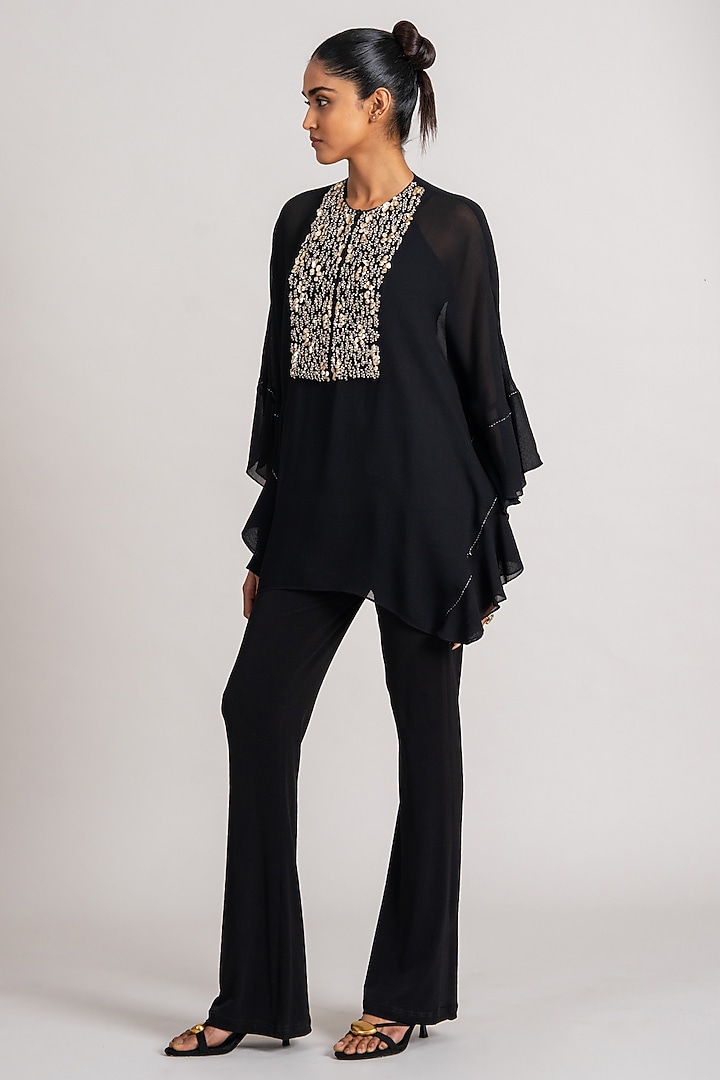 Black Georgette Frilled Tunic by Namrata Joshipura at Pernia's Pop Up Shop