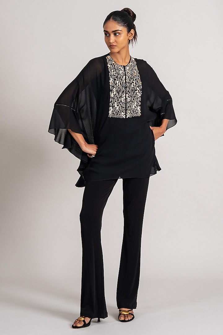 Black Georgette Frilled Tunic by Namrata Joshipura at Pernia's Pop Up Shop